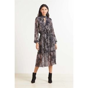 Evereve Roan + Ryan Dress Women’s Small Georgette Midi High Neck All Over Print